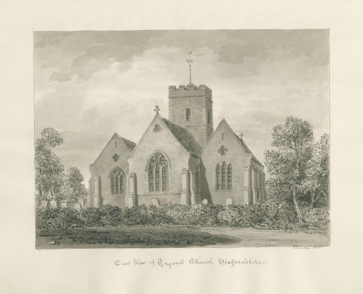 Trysull templom: szépia mosás rajz, 1846 alkotó: John Buckler