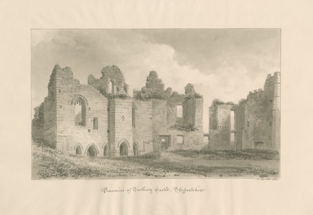 Tutbury kastély – A belső udvar maradványai: szépia mosás rajz, 1812 alkotó: John Buckler