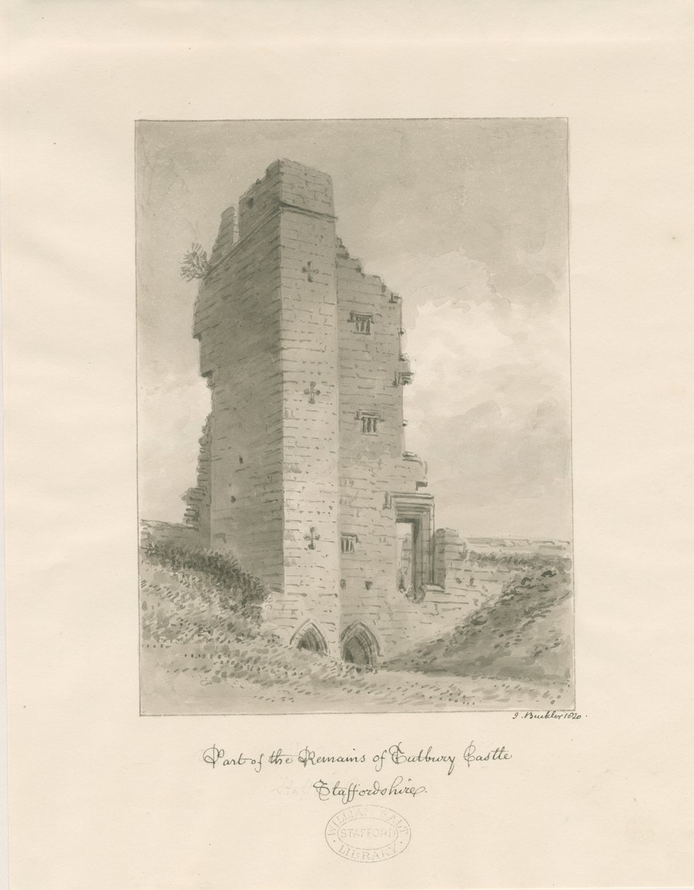 Tutbury kastély: szépia mosás rajz alkotó: John Buckler