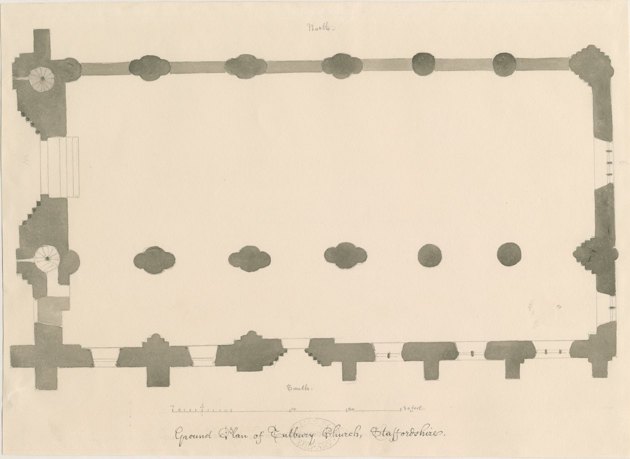 Tutbury Priory Church - Terv: ceruza és szépia rajz, nd [?1812] (rajz) alkotó: John Buckler