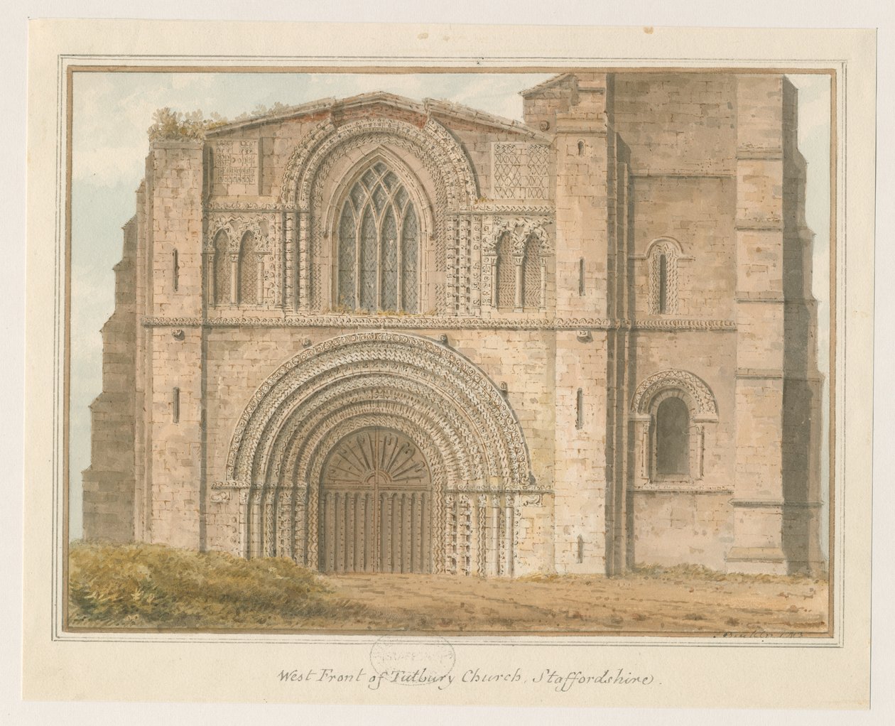 Tutbury Priory Church - West Front: vízfestmény, 1813 alkotó: John Buckler
