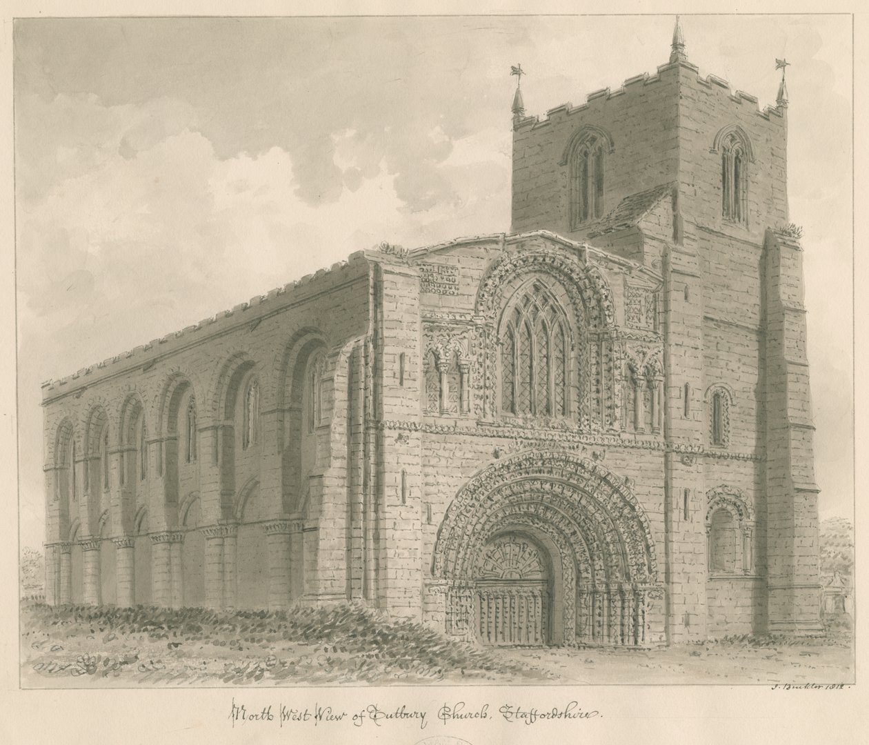Tutbury Priory Church: szépia rajz alkotó: John Buckler