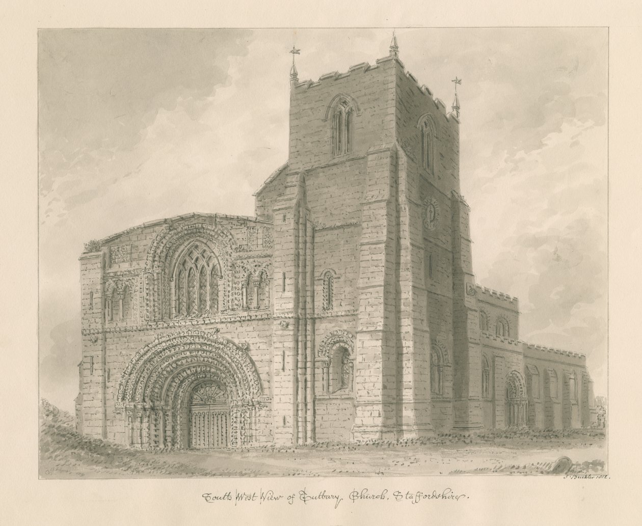 Tutbury Priory Church: szépia mosás rajz alkotó: John Buckler