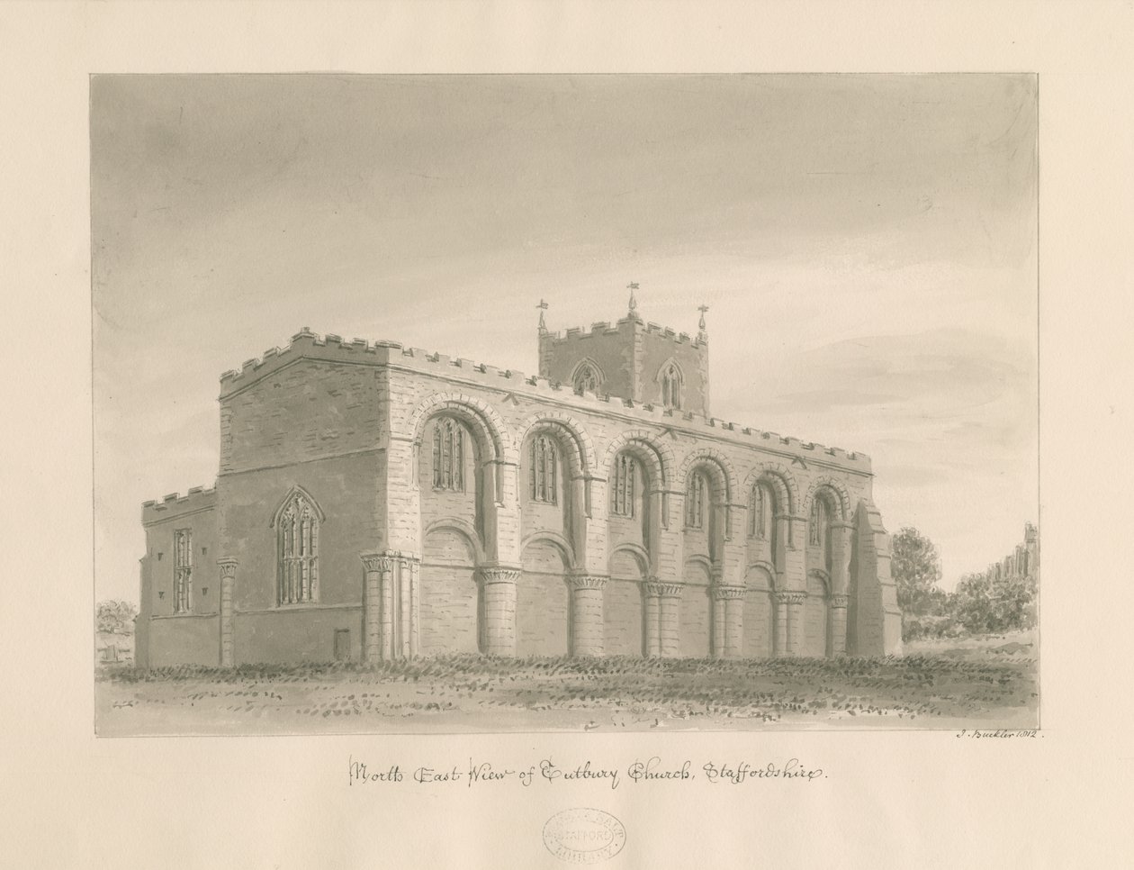 Tutbury Priory Church: szépia mosás rajza, 1812 alkotó: John Buckler