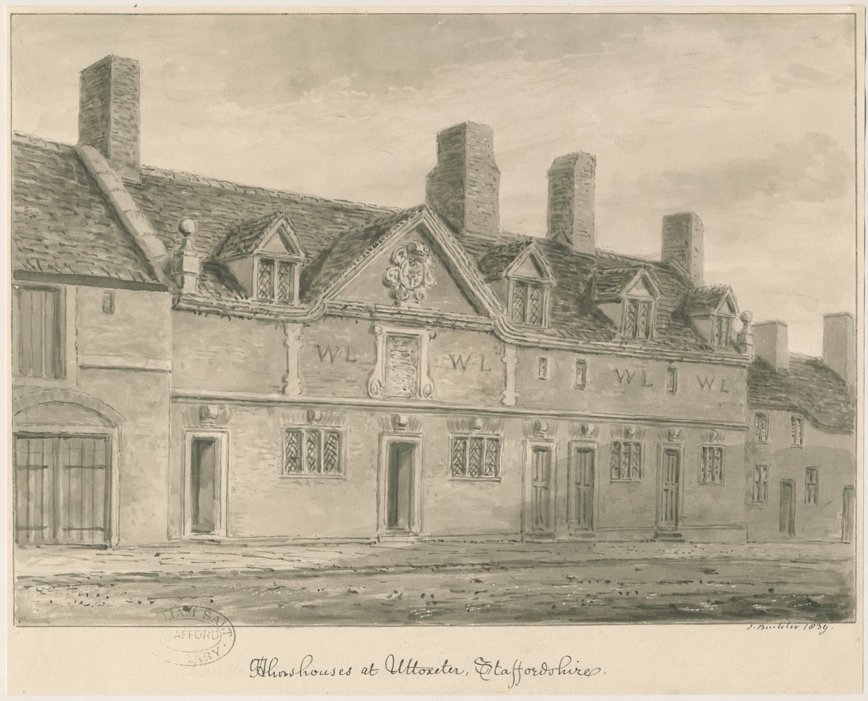 Uttoxeter Town - Almshouses: szépia mosás rajz, 1839 alkotó: John Buckler
