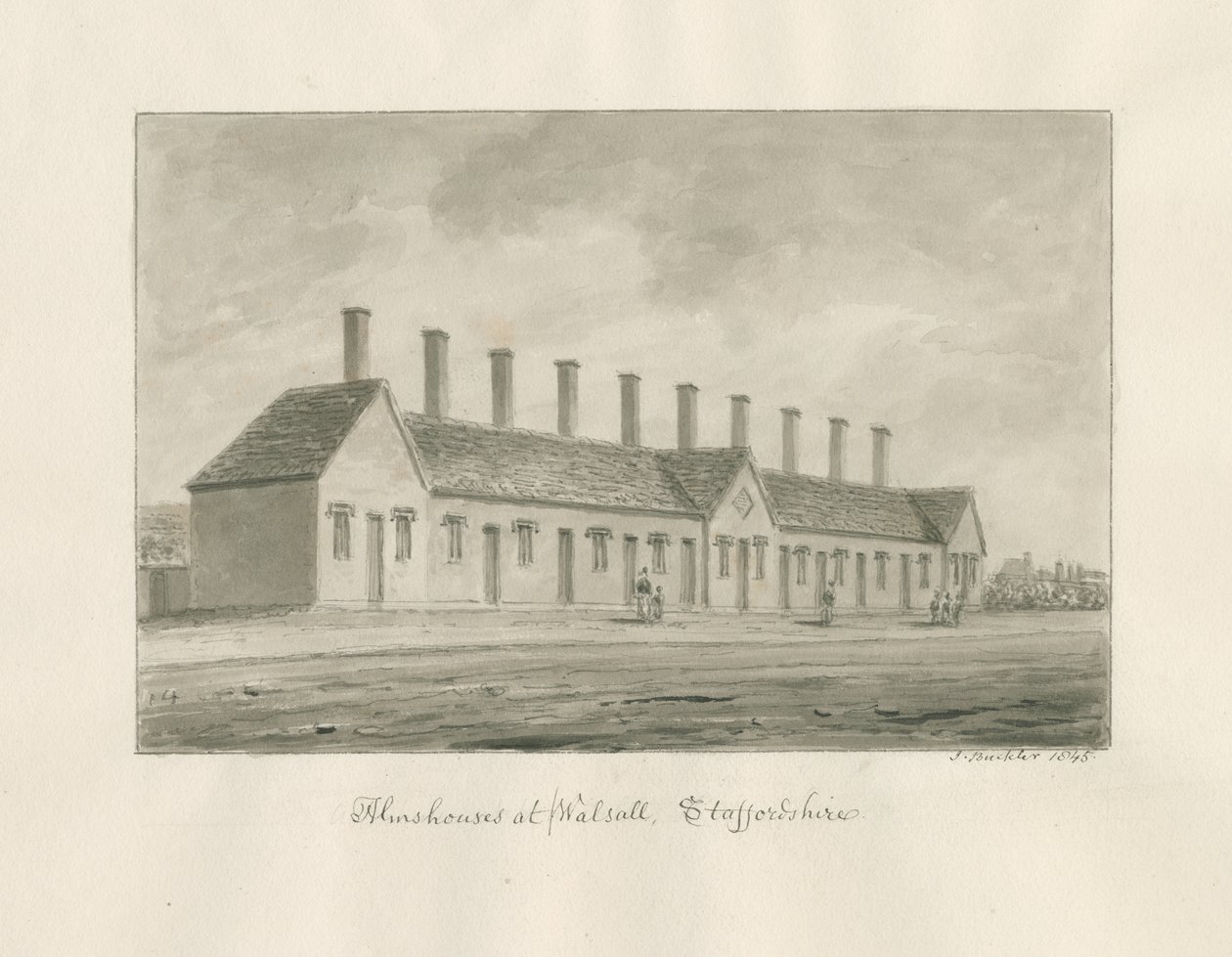 Walsall - Almshouses: szépia mosás rajz alkotó: John Buckler