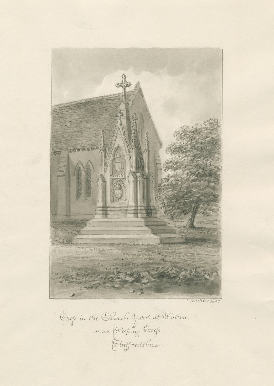 Walton-on-the-Hill templom - Templomudvar kereszt: szépia rajz alkotó: John Buckler