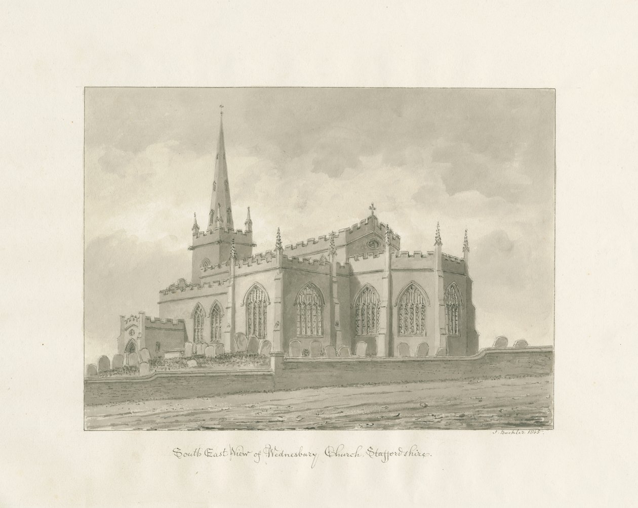 Wednesbury templom: szépia rajz alkotó: John Buckler