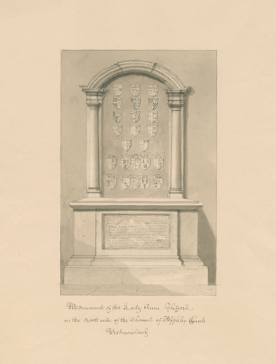 Westmorland - Appleby templom - Lady Anne Clifford emlékműve: szépia rajz, 1800 alkotó: John Buckler
