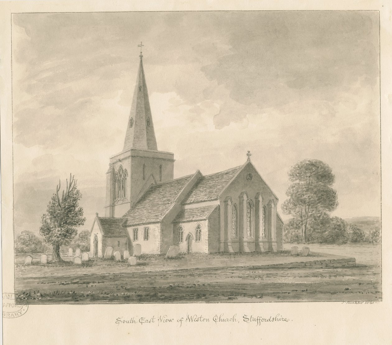 Weston-on-Trent templom: szépia rajz, 1841 alkotó: John Buckler