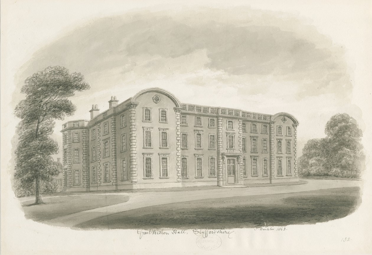 Weston-under-Lizard - Hall: szépia mosás rajz alkotó: John Buckler