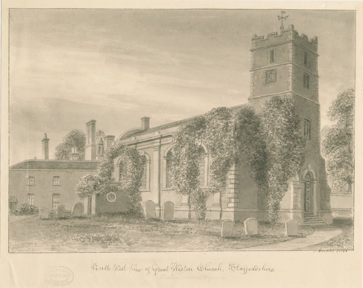 Weston-under-Lizard Church: szépia mosás rajz alkotó: John Buckler