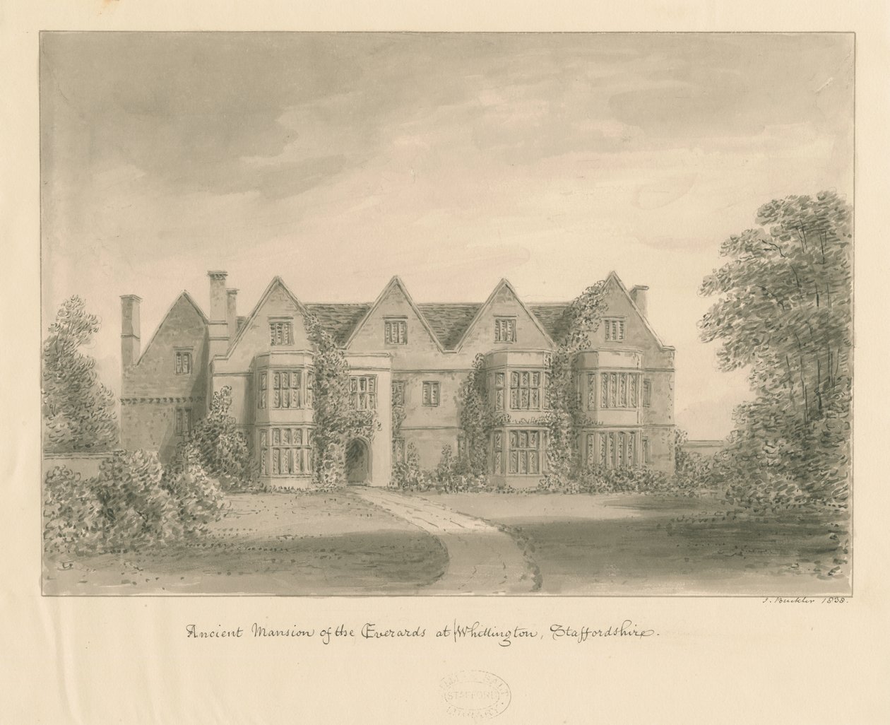 Whittington Hall: szépia rajz, 1838 alkotó: John Buckler