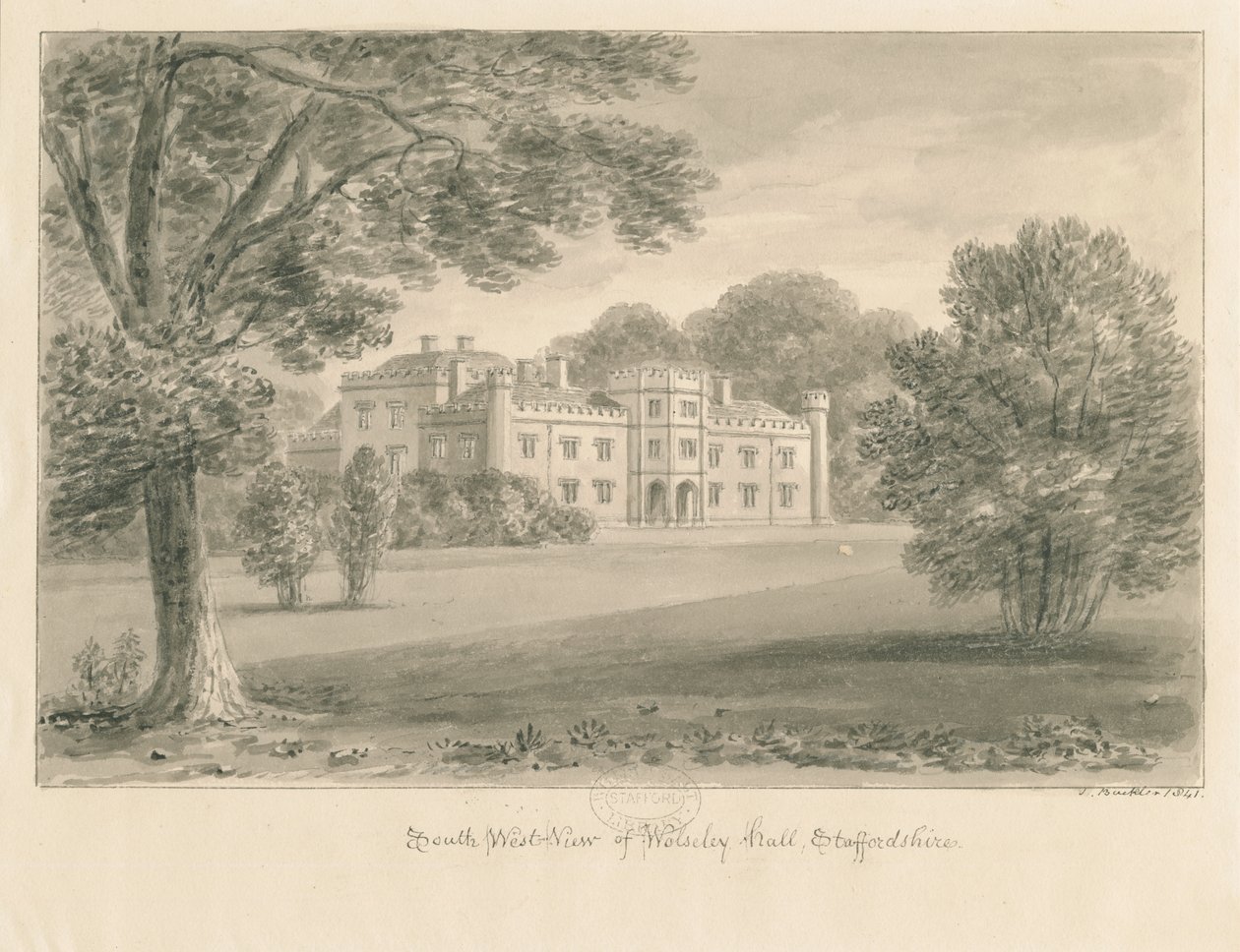 Wolseley Hall: szépia rajz, 1841 alkotó: John Buckler