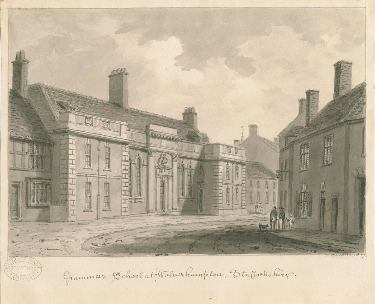 Wolverhampton – Gimnázium: szépia rajz, 1837 alkotó: John Buckler