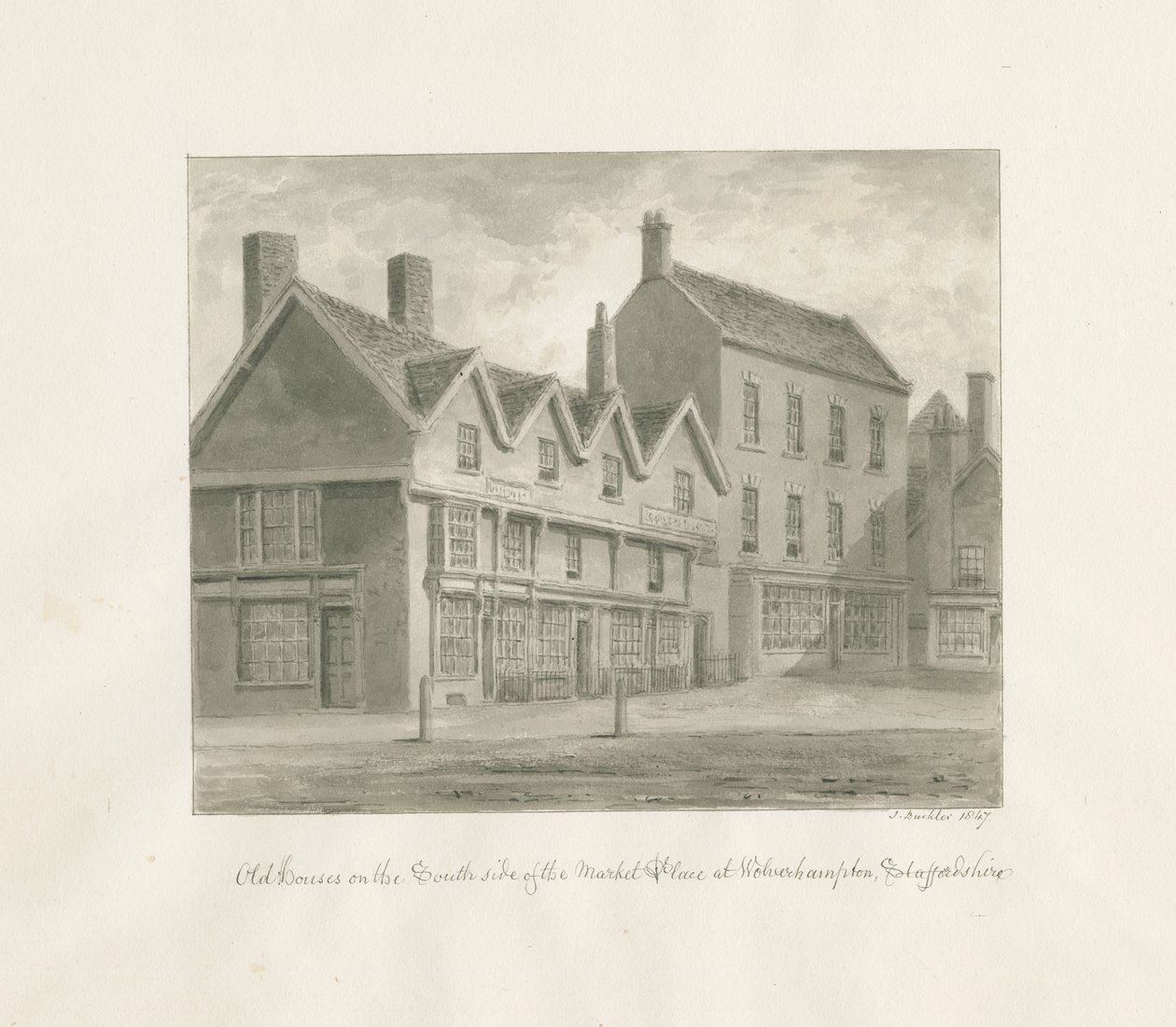 Wolverhampton – Régi házak a piactér déli oldalán: szépia rajz, 1847 alkotó: John Buckler