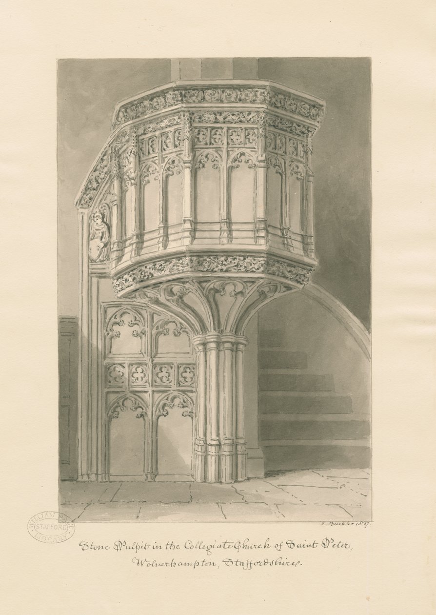 Wolverhampton - kő szószék a Szent Péter templomban: szépia rajz alkotó: John Buckler
