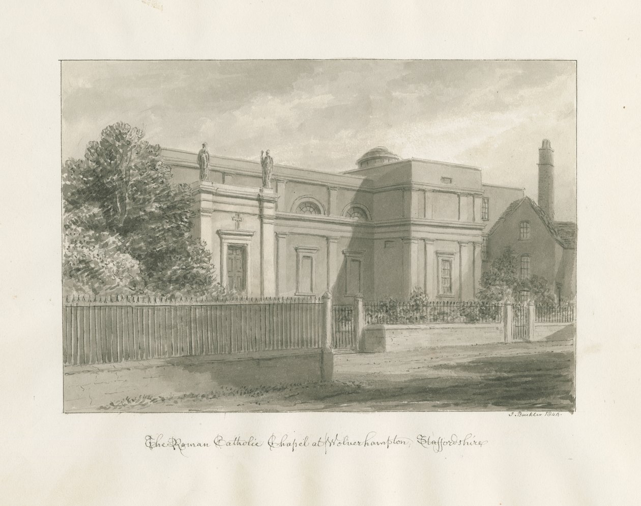 Wolverhampton - A római katolikus kápolna: szépia rajz alkotó: John Buckler