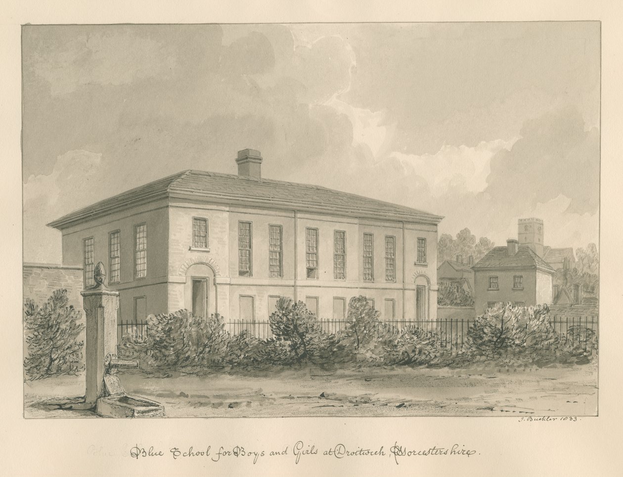 Worcestershire - Droitwich - Blue School: szépia rajz alkotó: John Buckler