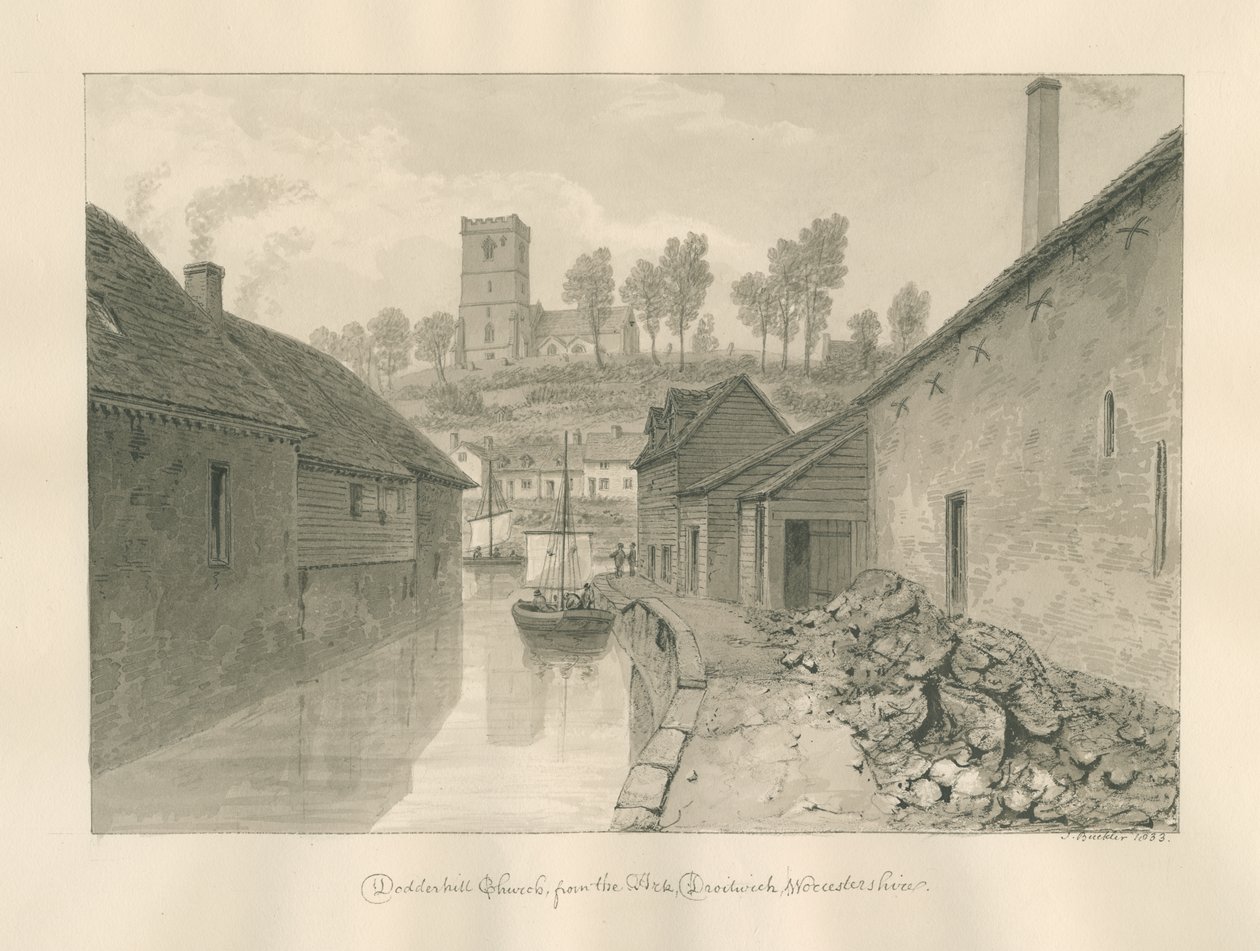 Worcestershire - Droitwich - Dodderhill-templom Távoli kilátás: szépia rajz, 1833 alkotó: John Buckler