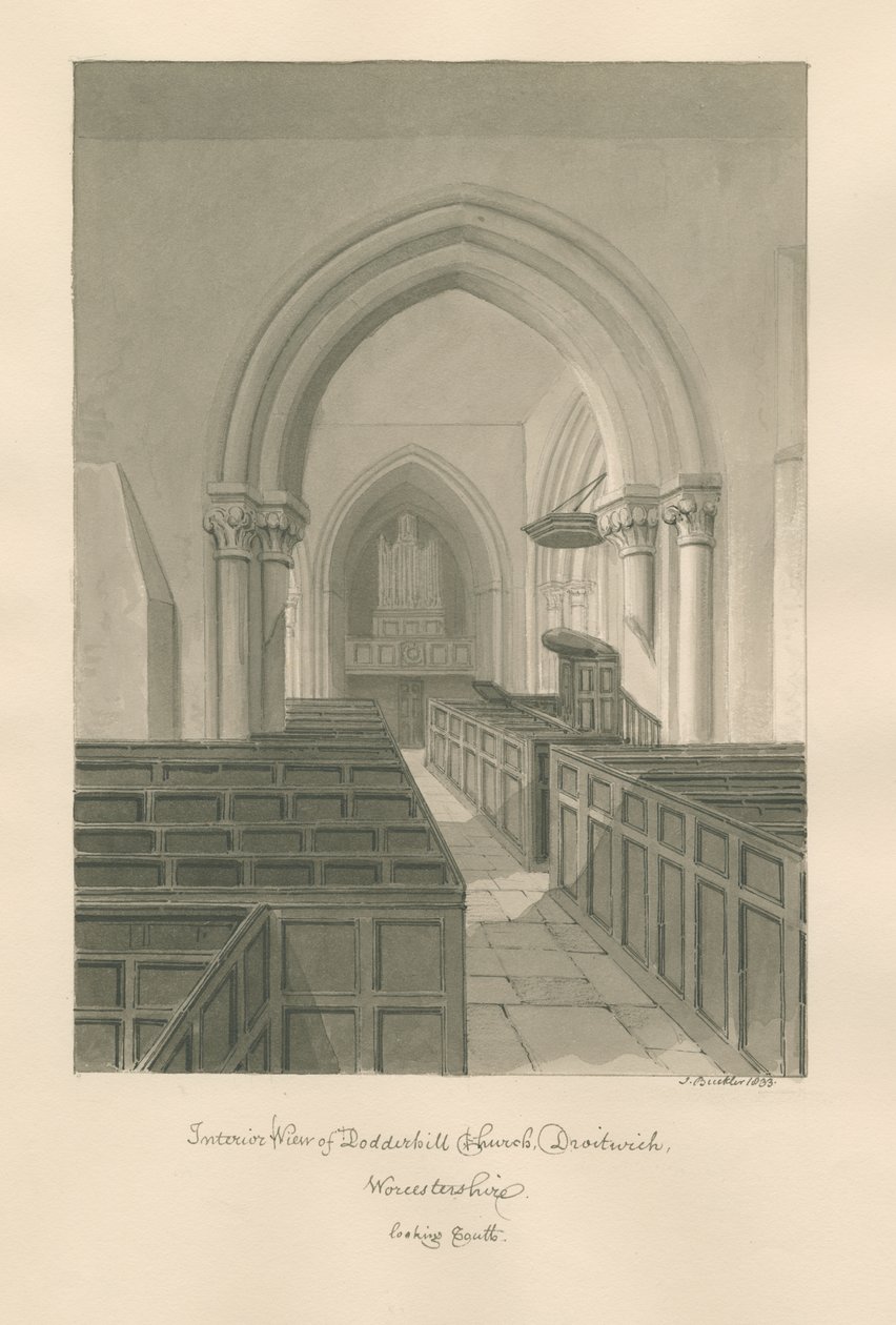 Worcestershire - Droitwich - Dodderhill templom Belső : szépia rajz alkotó: John Buckler