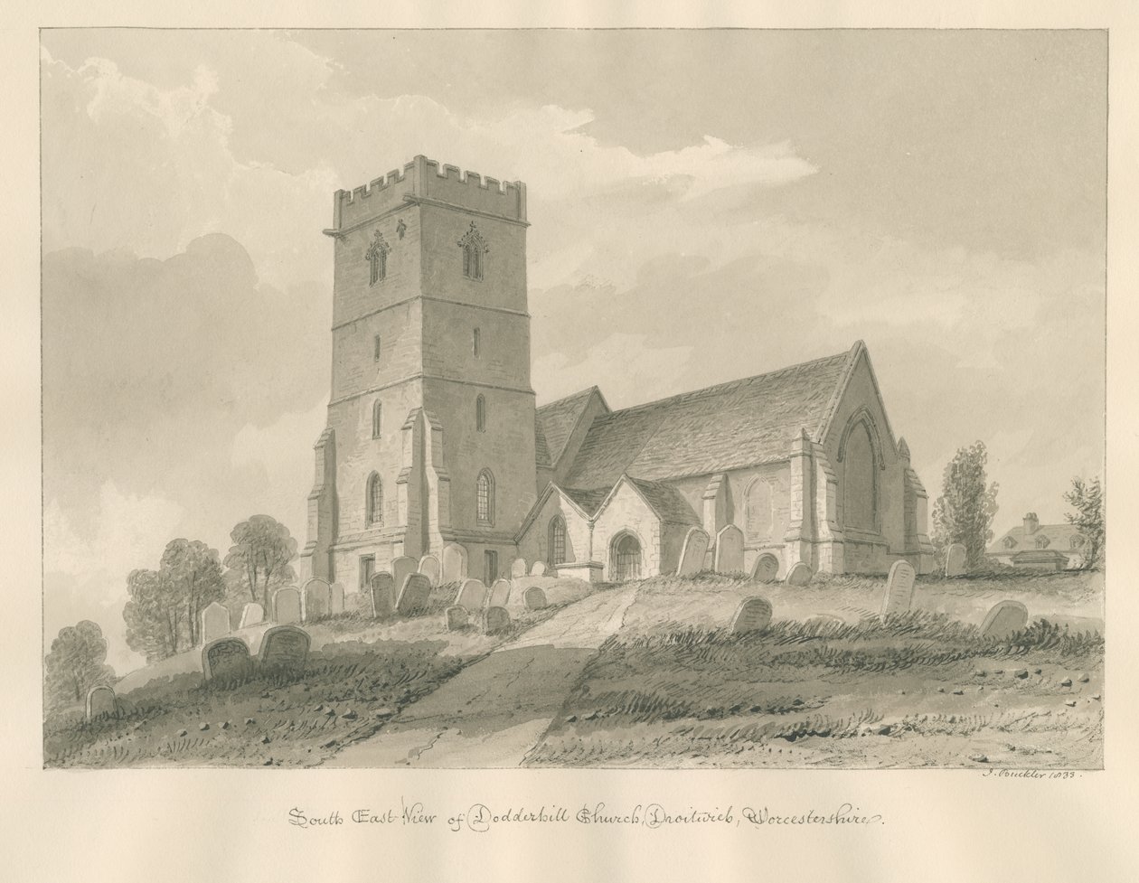 Worcestershire - Droitwich - Dodderhill templom: szépia rajz alkotó: John Buckler