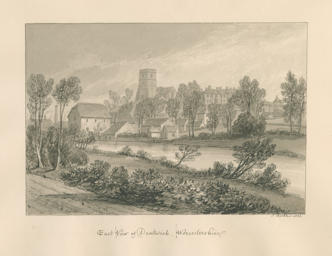 Worcestershire - Droitwich - Keleti kilátás a városról: szépia rajz, 1833 alkotó: John Buckler