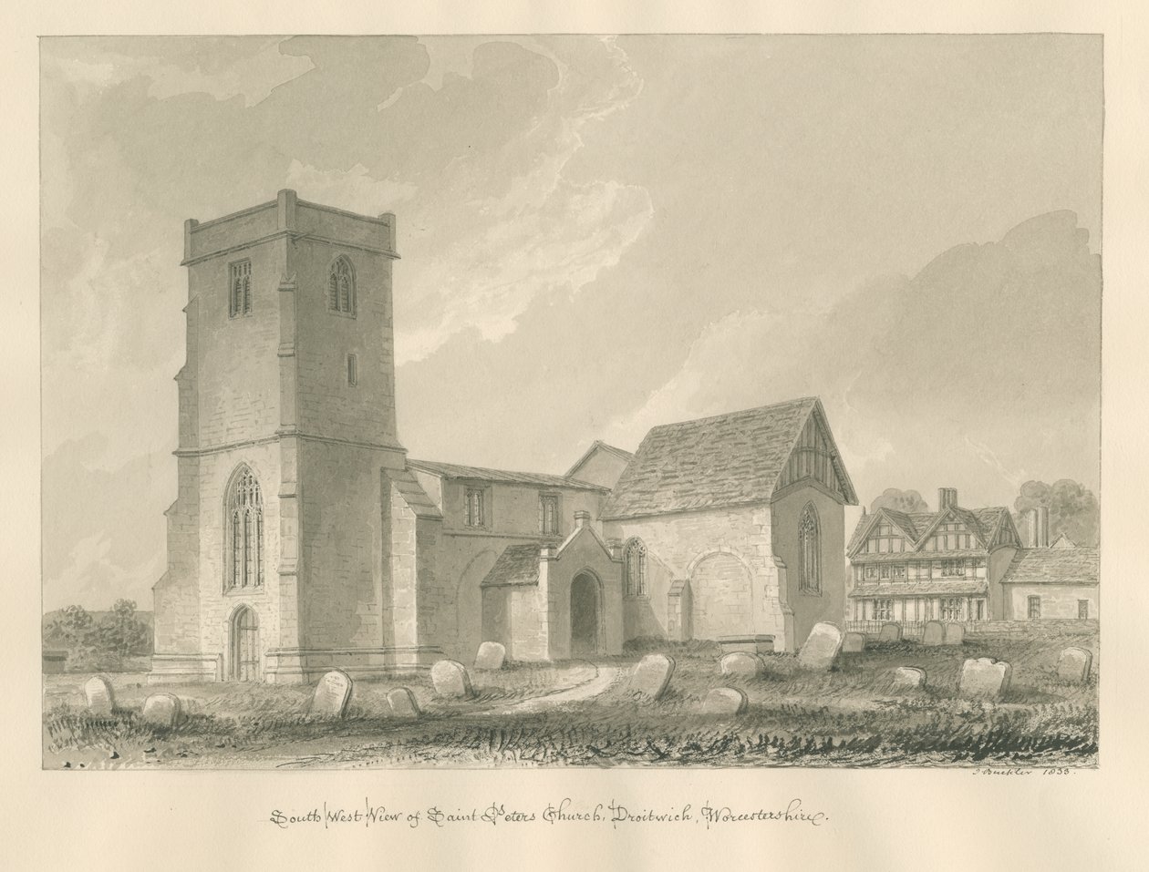 Worcestershire – Droitwich – Szent Péter-templom: szépia rajz, 1833 alkotó: John Buckler