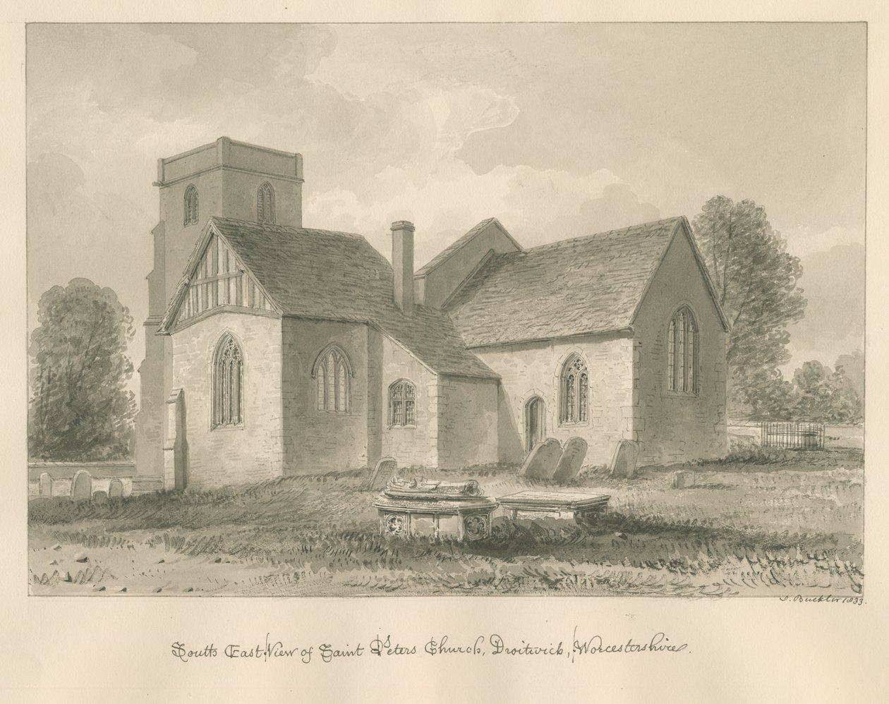 Worcestershire – Droitwich – Szent Péter-templom: szépia rajz, 1833 alkotó: John Buckler
