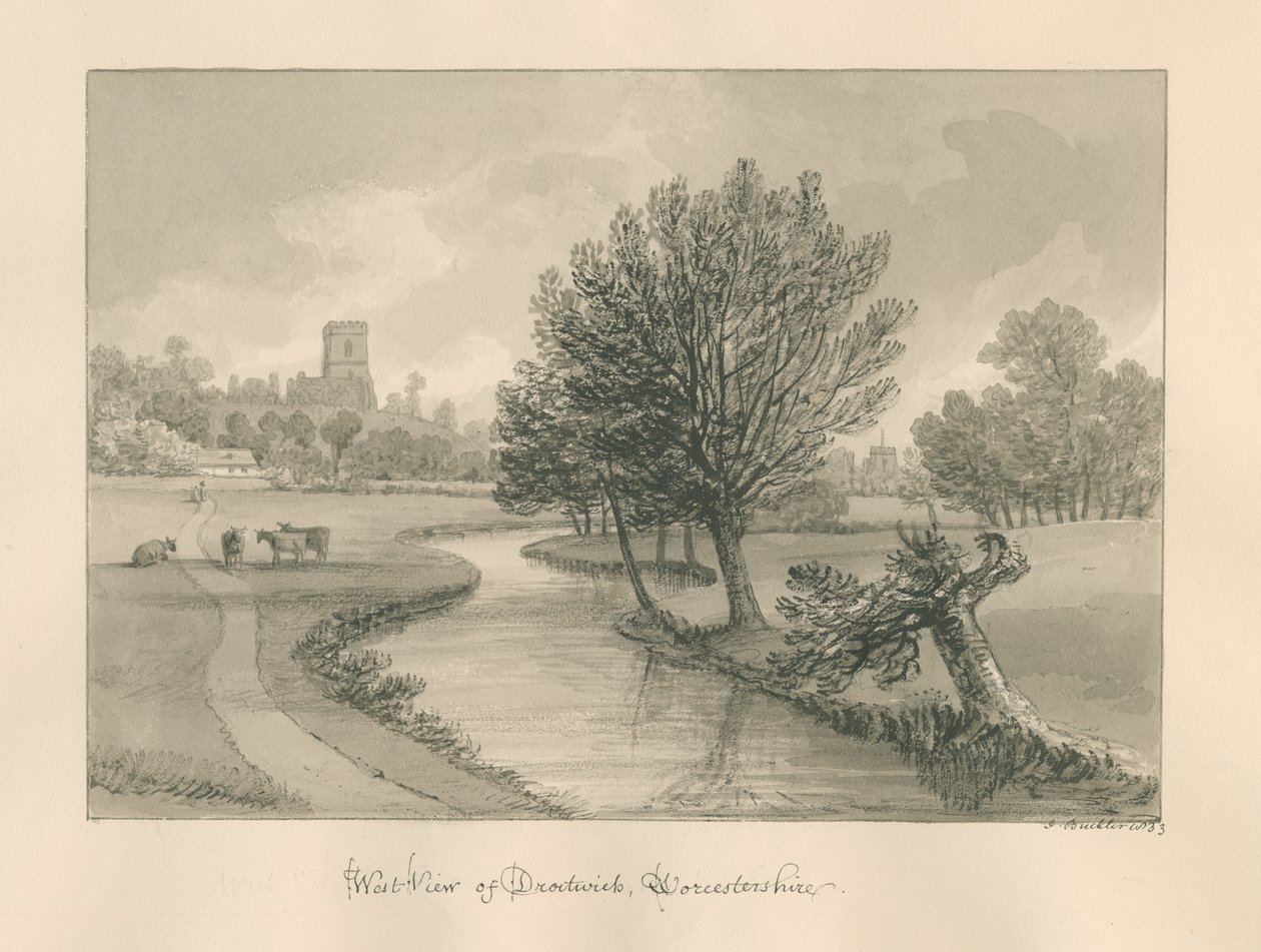 Worcestershire – Droitwich – A város nyugati képe: szépia rajz, 1833 alkotó: John Buckler