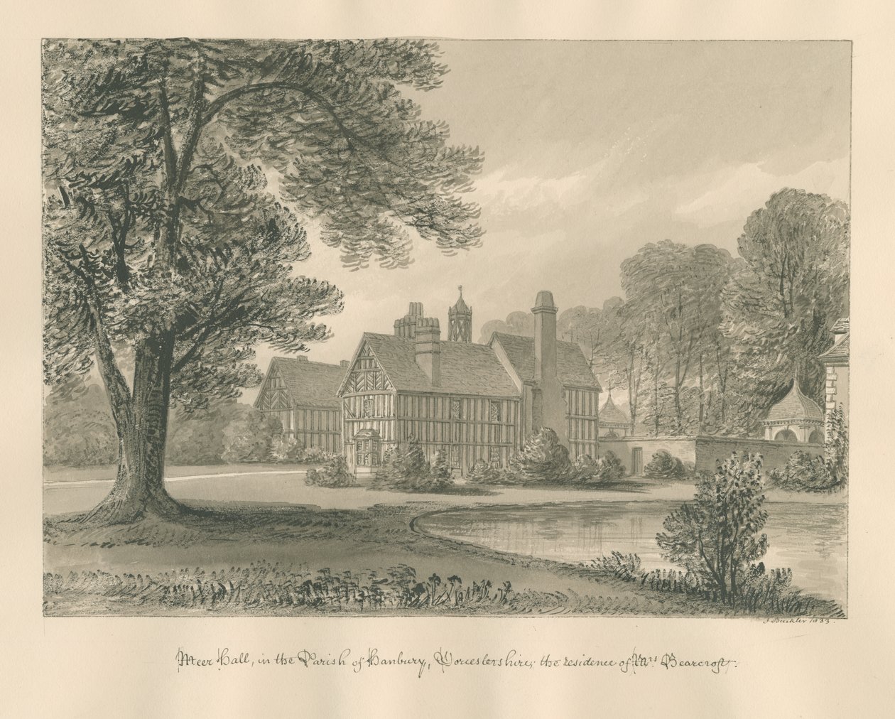Worcestershire - Hanbury - Meer Hall: szépia rajz alkotó: John Buckler