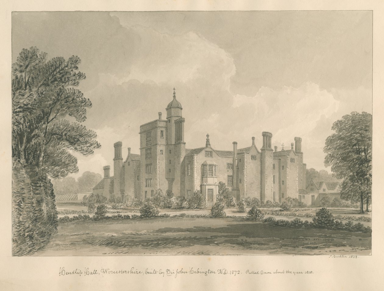 Worcestershire – Hindlip Hall: szépia rajz, 1833 alkotó: John Buckler