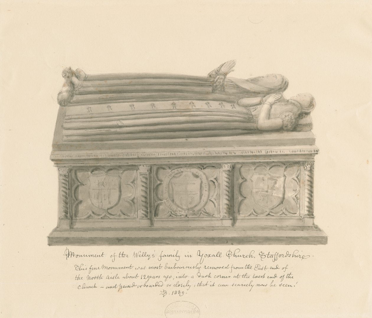 Yoxall templom - Welly család emlékműve: szépia rajz alkotó: John Buckler