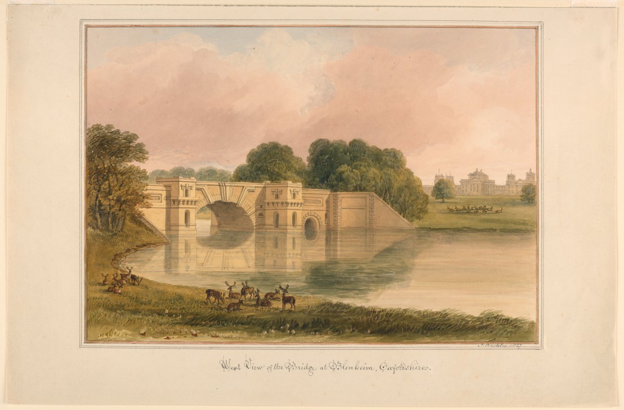 Nyugati kilátás a hídról Blenheimben, Oxfordshire-ben alkotó: John Buckler, F.S.A.