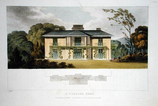 A Cottage Orne, Ackermann „Művészetek tárházából”, 1818-ban jelent meg (színes litó) alkotó: John Buonarotti Papworth