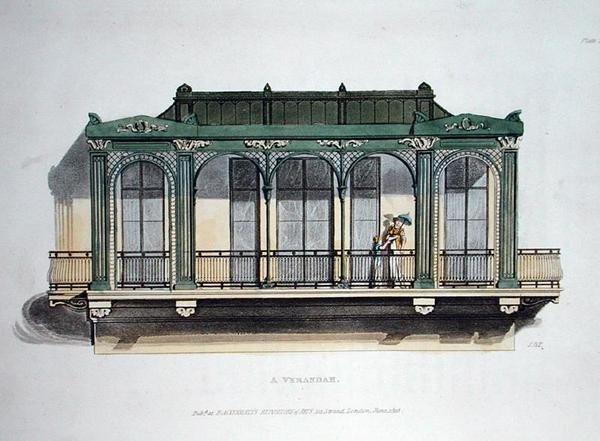 A Verandah, Ackermann „Művészetek tárházából”, 1818-ban jelent meg (színes litho) alkotó: John Buonarotti Papworth