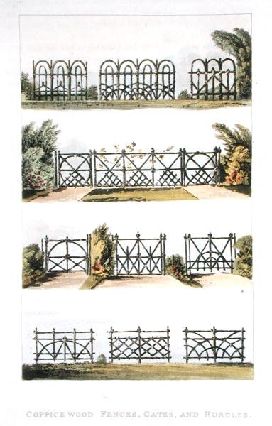 Rügyfás kerítések, kapuk és akadályok, Ackermann 1823-ban megjelent "Repository of Arts" című műtárgytárából (színes litográfia) alkotó: John Buonarotti Papworth