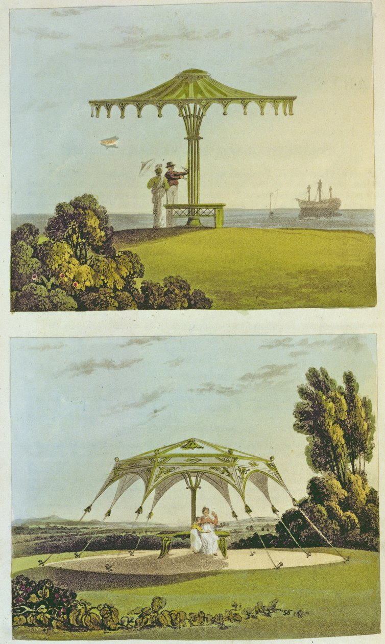 Két díszes fedett kerti ülés a Művészetek Tárából, Ackermann, 1822 alkotó: John Buonarotti Papworth
