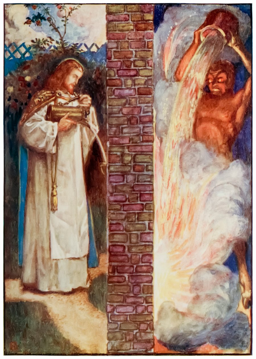 A zarándokok Krisztus és az ördög előrehaladt ebből a világból, oda, ami eljön – John Bunyan (1628-1688) Byam Shaw (1872-1919) illusztrációja, amely a falban lévő tüzet mutatja. Az ördög próbálkozik alkotó: John Byam Liston Shaw