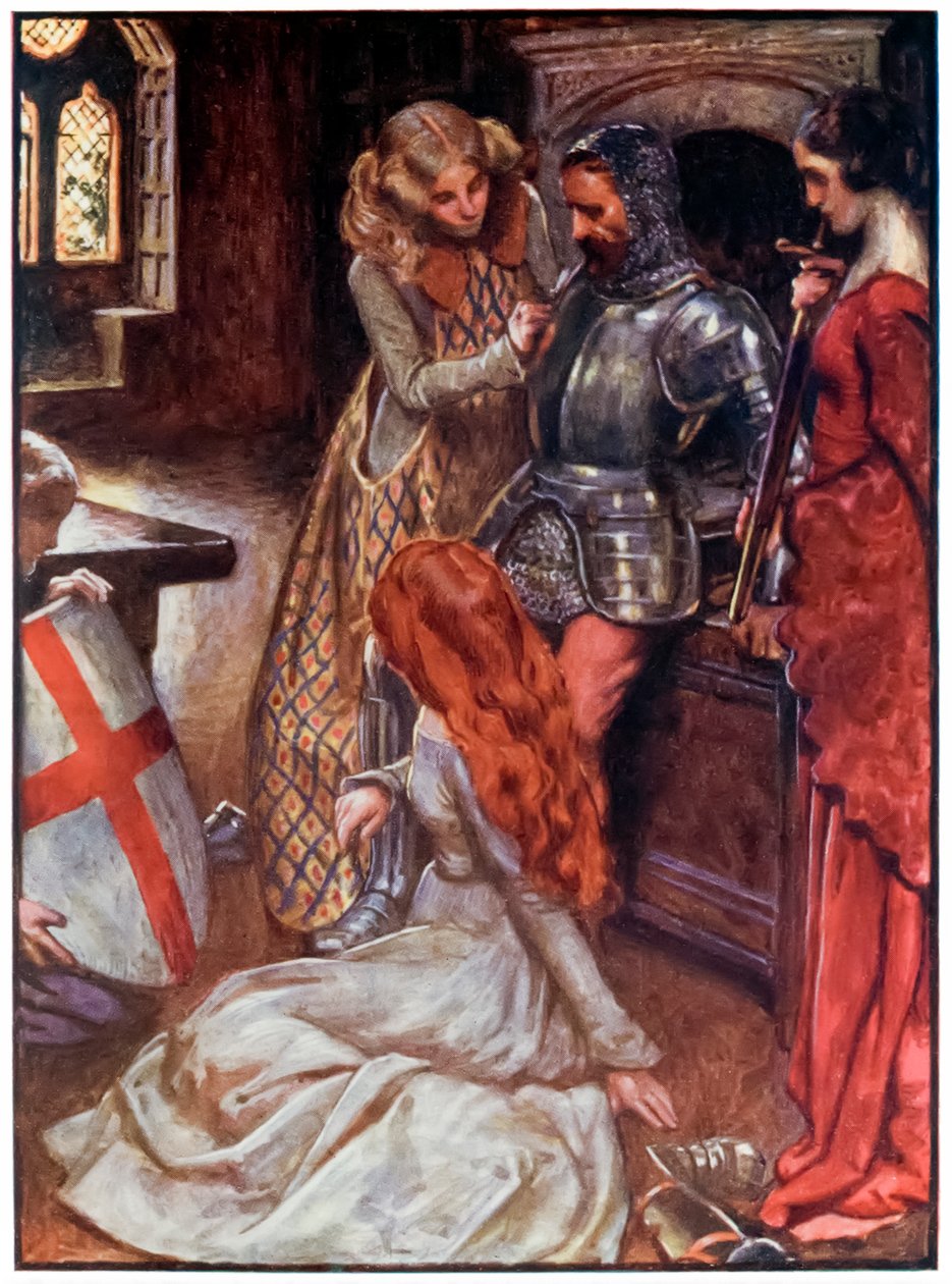 Keresztény felfegyverkezve a „A zarándokok előrehaladása ebből a világból, az eljövendőbe” – John Bunyan (1628-1688) Illusztrációja Byam Shaw (1872-1919), Christian a palota fegyvertárában Gyönyörű b alkotó: John Byam Liston Shaw