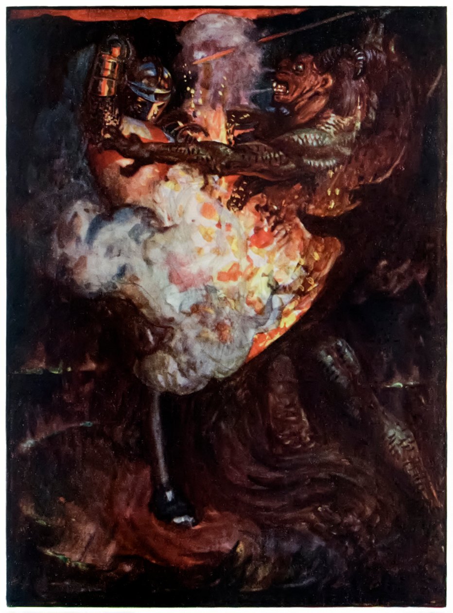 Keresztény harcok Apollyonnal a The Pilgrims Progress From This World, To That What Is To Come című filmből, John Bunyan (1628-1688) Byam Shaw (1872-1919) illusztrációja, amely a keresztények harcát mutatja be Apollyonnal alkotó: John Byam Liston Shaw