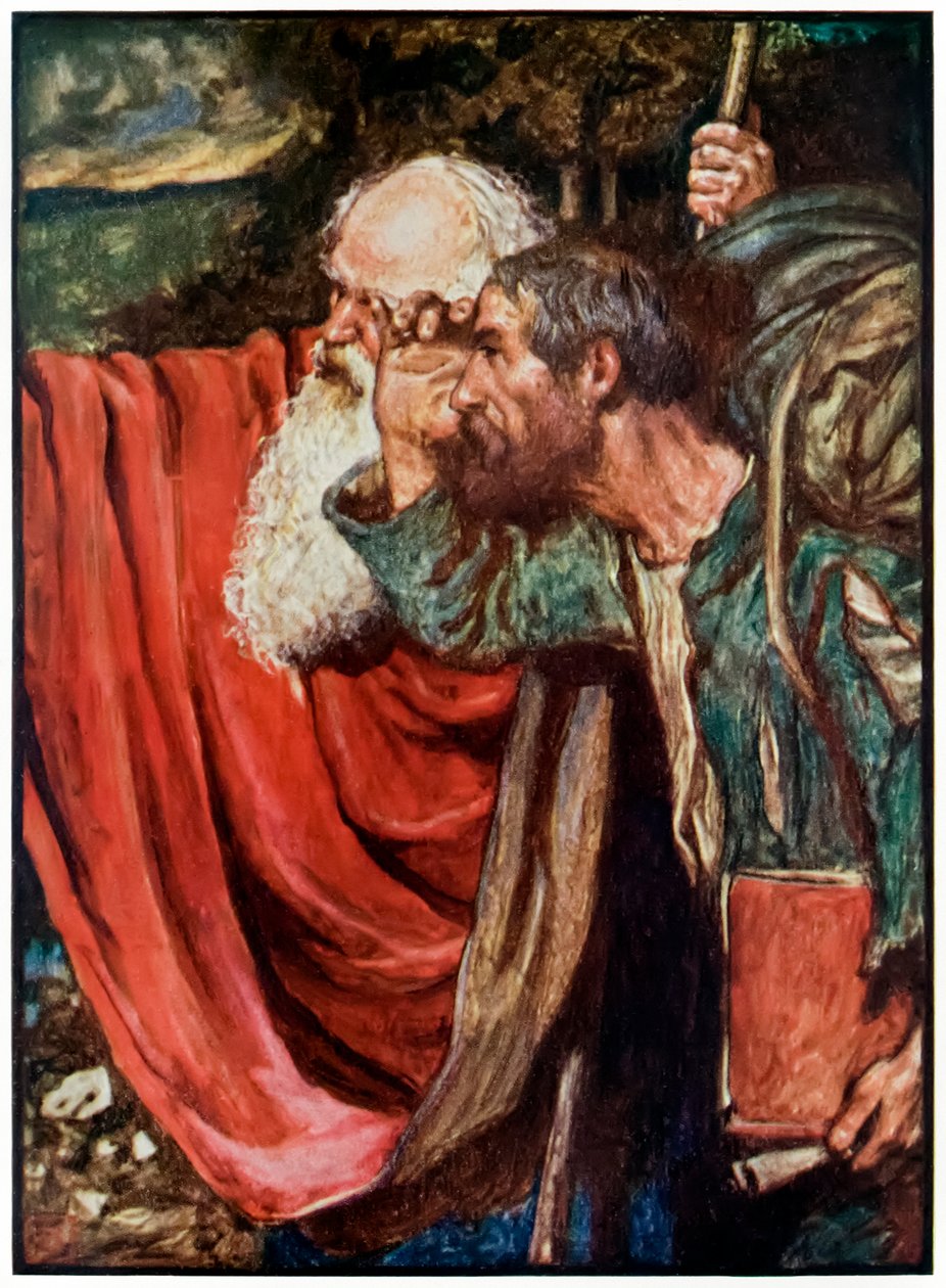 Az evangélista rámutat a Wicket Gate-hez vezető útra A zarándokok előrehaladása ebből a világból, az eljövendőbe, John Bunyan (1628-1688) Byam Shaw (1872-1919) illusztrációja, amely Evangelist mutatja alkotó: John Byam Liston Shaw