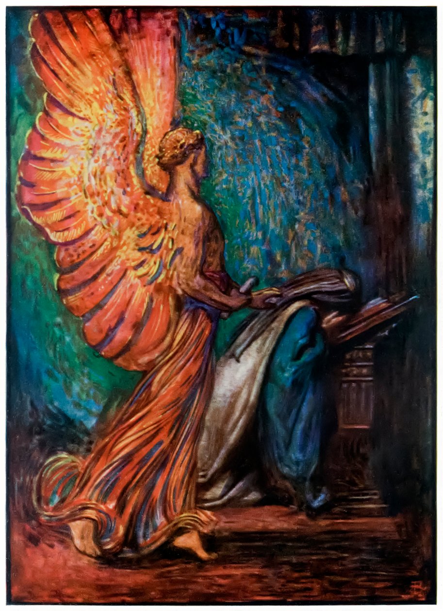 A Küldött Christianához érkezik a The Pilgrims Progress From This World, To That What Is To Come című könyvből, John Bunyan (1628-1688) Illusztráció: Byam Shaw (1872-1919), egy angyal érkezik megidézve Chrit alkotó: John Byam Liston Shaw
