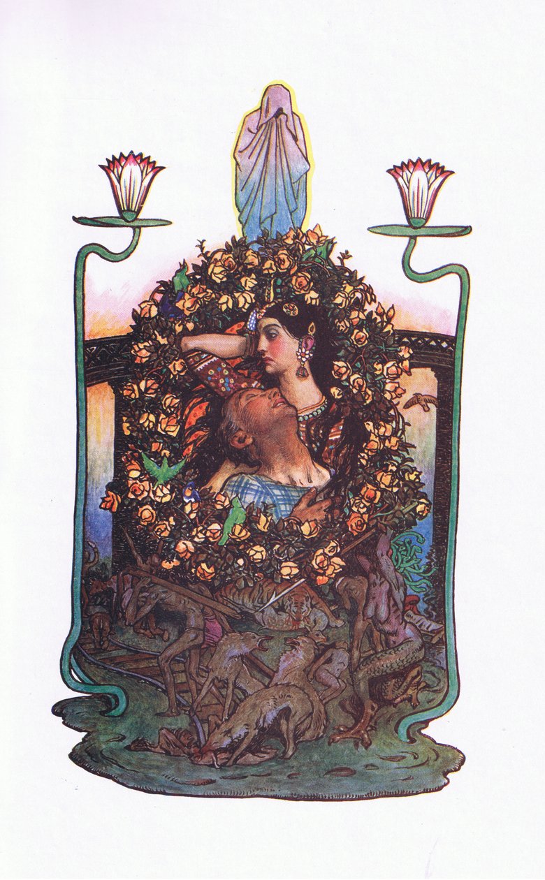 A kert a híd mellett, illusztráció a Káma kertjéből (és más dalszöveg Indiából), 1920 alkotó: John Byam Liston Shaw