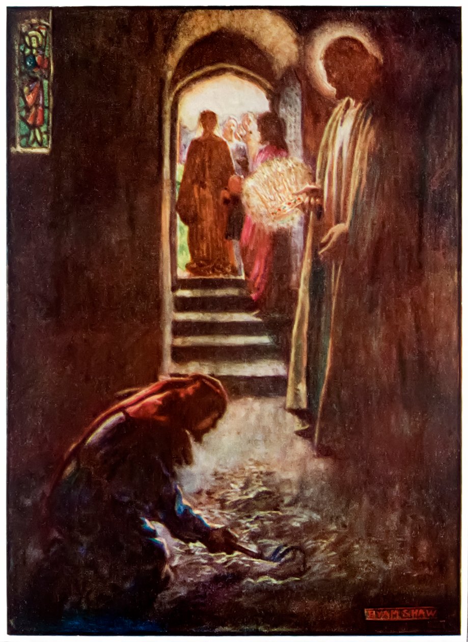 A zarándokok előrehaladása ebből a világból, az eljövendőbe című filmből John Bunyan (1628-1688) Illusztráció: Byam Shaw (1872-1919), A tolmácsok házában a férfi alkotó: John Byam Liston Shaw