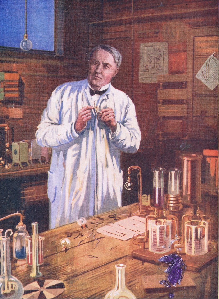 Edison: A találmányok varázslója, illusztráció Cassell Híres életek romantikájából, 1940 körül (színes litó) alkotó: John Cameron