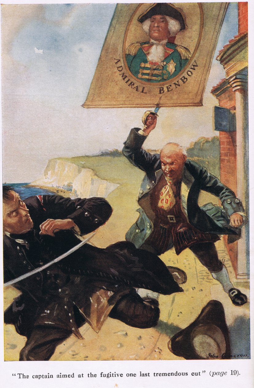 A kapitány megcélozta a szökevényt az utolsó óriási vágáson, illusztráció a „Kincses sziget” című művéből, Robert Louis Stevenson alkotó: John Cameron