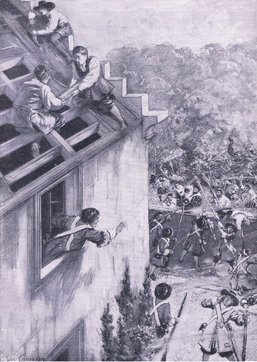 A Dukeld elleni támadás, 1689. augusztus 21., illusztráció a brit szárazföldi és tengeri csatákból, 1915 alkotó: John Cameron