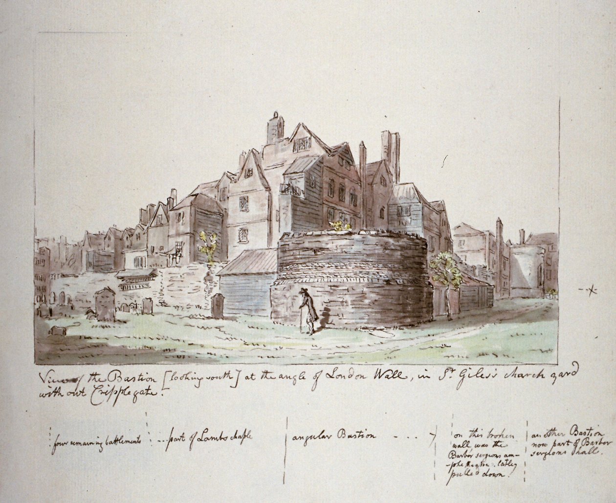 Bástya a londoni fal szögletében, St Giles Cripplegate templomkert nélkül, London City, 1779 alkotó: John Carter
