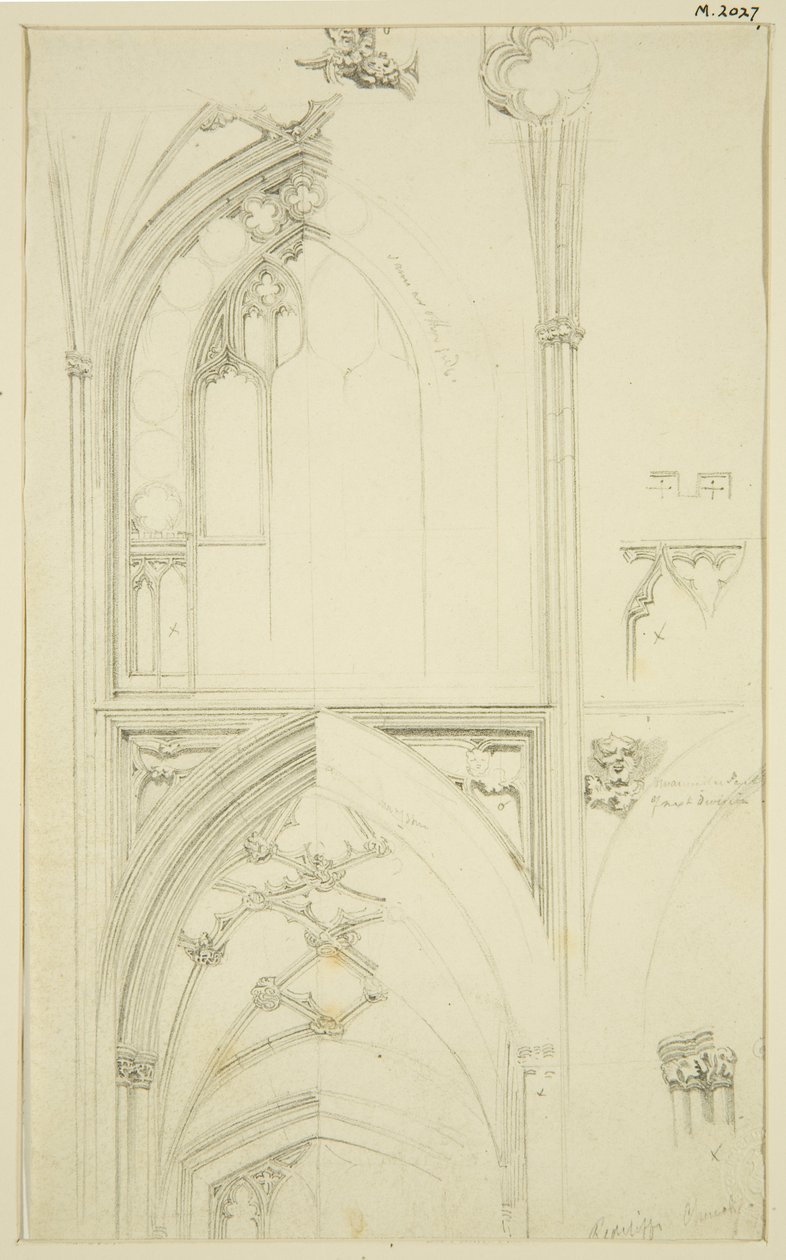 A Clerestory Window Tracery és a folyosó boltozatának részletei St Mary Redcliffe-ben (ceruza és akvarell papíron) alkotó: John Carter